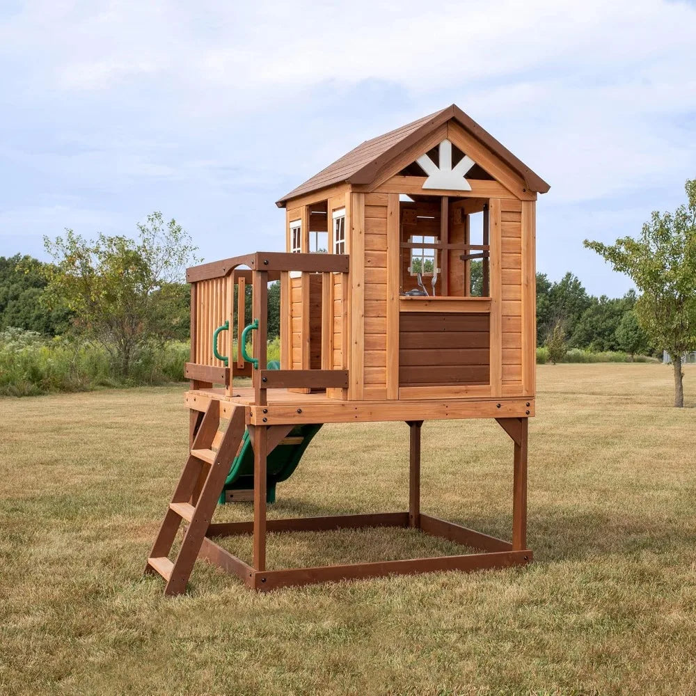 Heights Elevated Cedar Playhouse with Kitchen, Slide, Deck, Ladder & Growth Chart