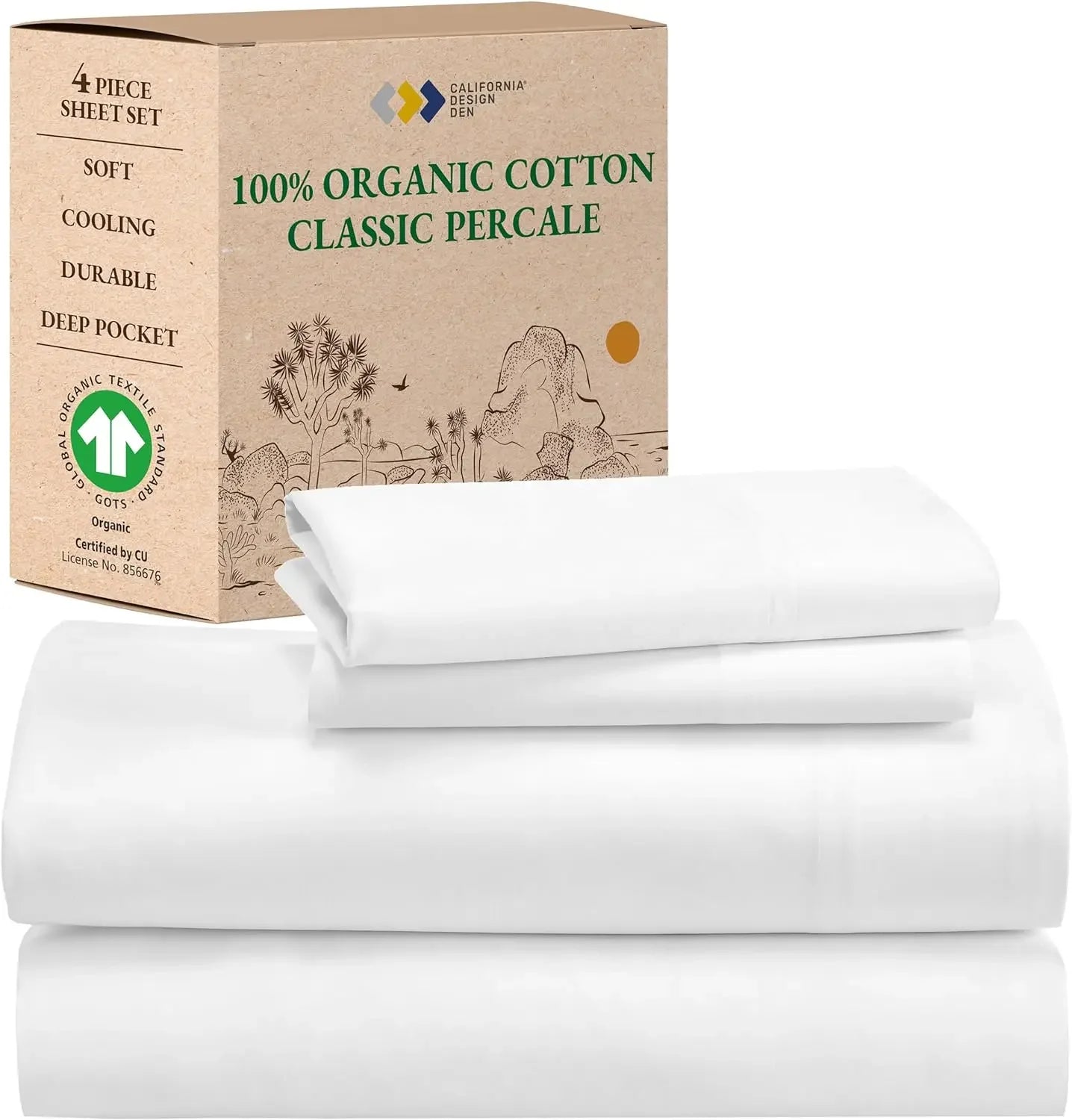 King Size Soft Cooling Sheets Set, 100% Organic Cotton, Deep Pockets