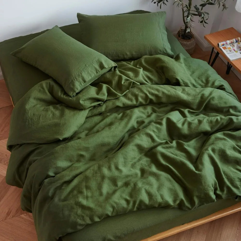Stone-Washed 100% Organic French Linen Sheet Set, GOTS Certified (Queen, Forest)