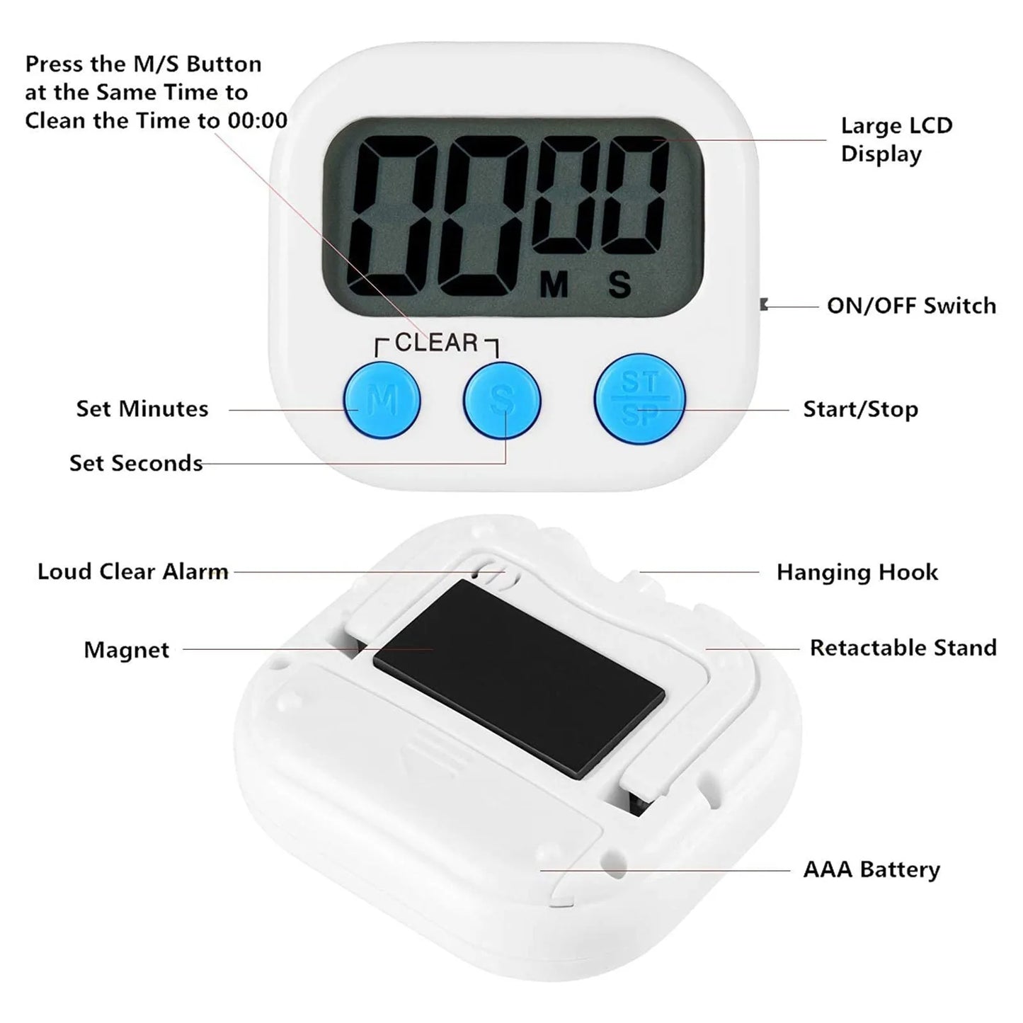 Digital Kitchen Timer Countdown Clock for Cooking, Study, Kids, and Classroom