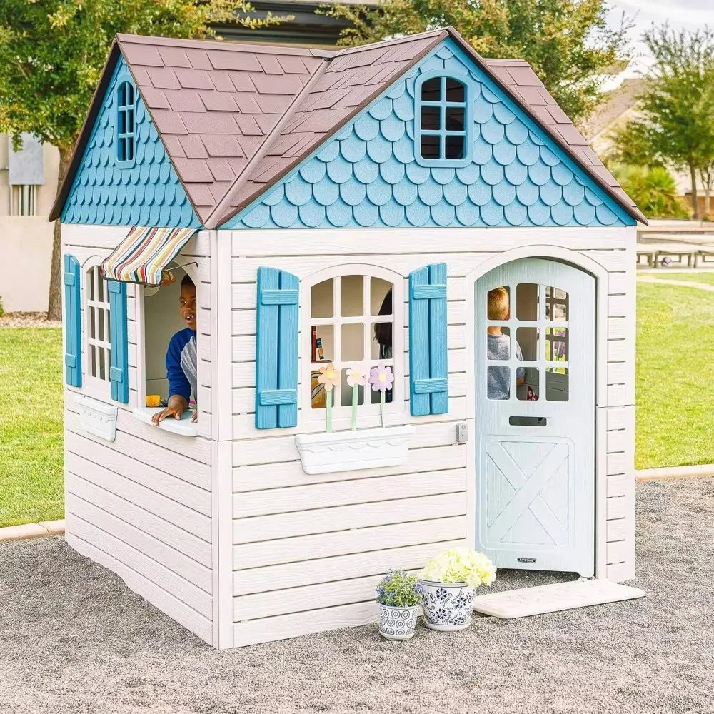 Heavy Duty Plastic Playhouse 6x6x7ft, Beige & Blue, Outdoor Kids Playhouse