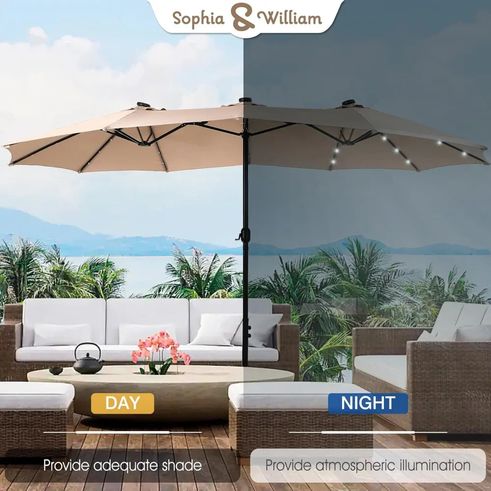 15ft Large Patio Umbrella – Solar Lights, Rectangular, with Base Included