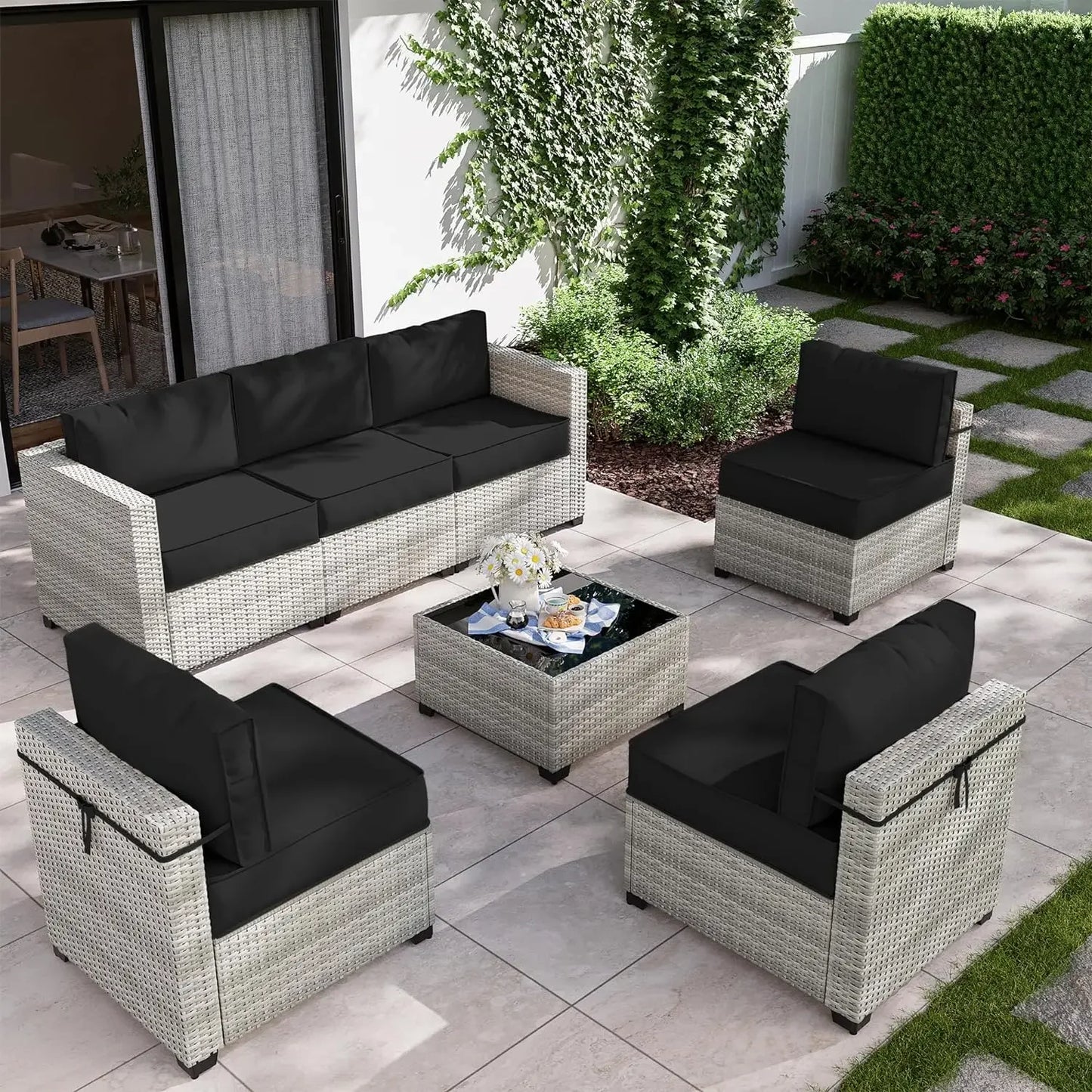 8-Piece Patio Furniture Set with Fire Pit Table, Light Grey Wicker Conversation Set