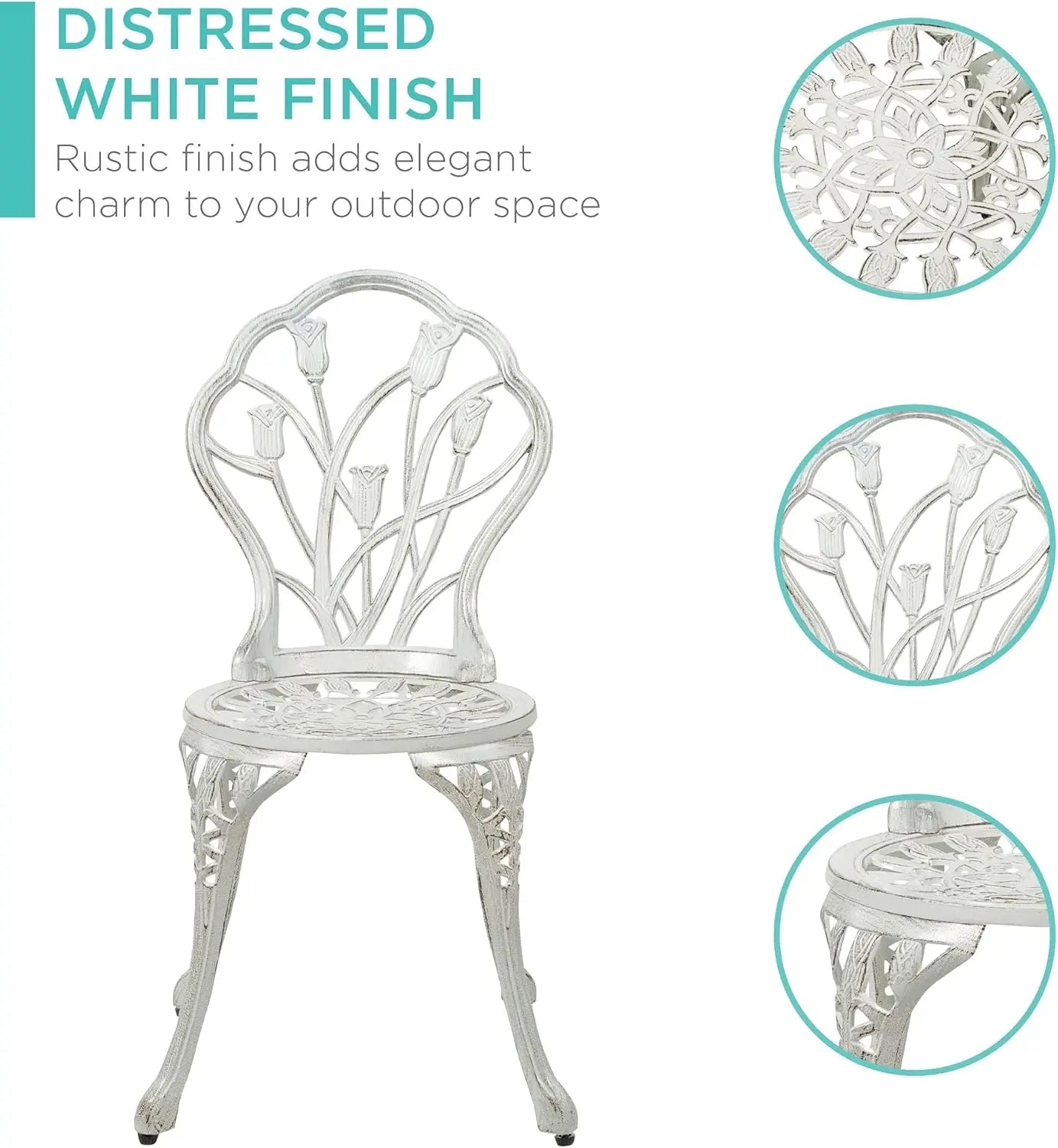 3-Piece Outdoor Cast Aluminum Bistro Set – Rust-Resistant, Tulip Design, White