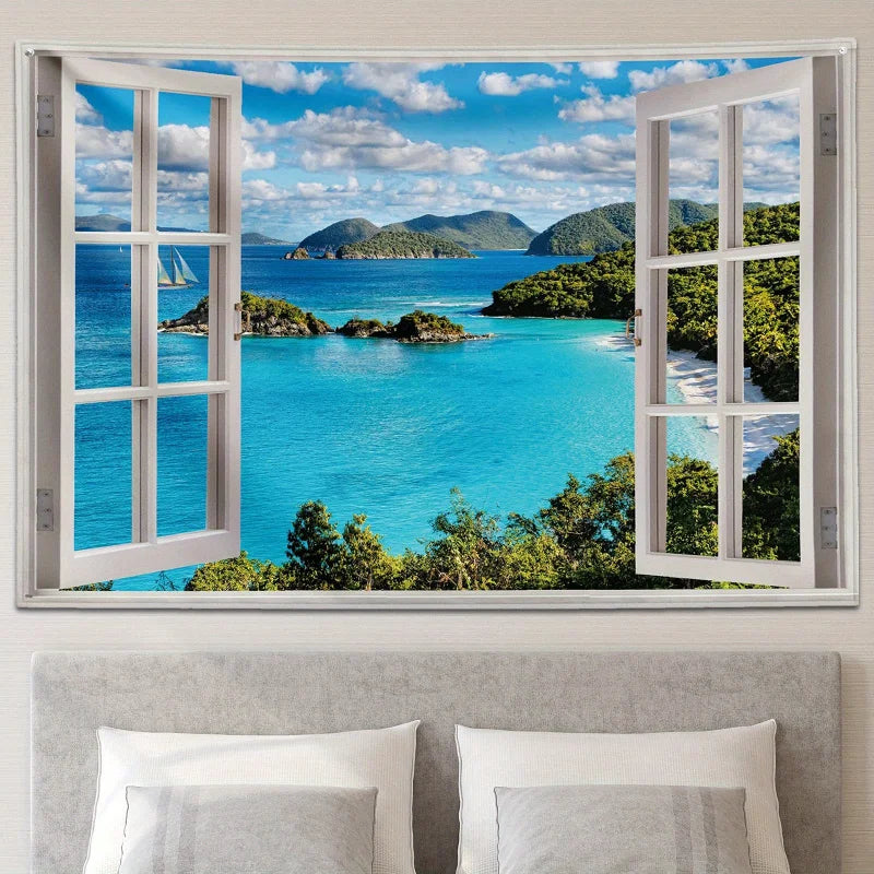 Nature Landscape Wall Tapestry, Blue Ocean Beach Print, Decorative Wall Art