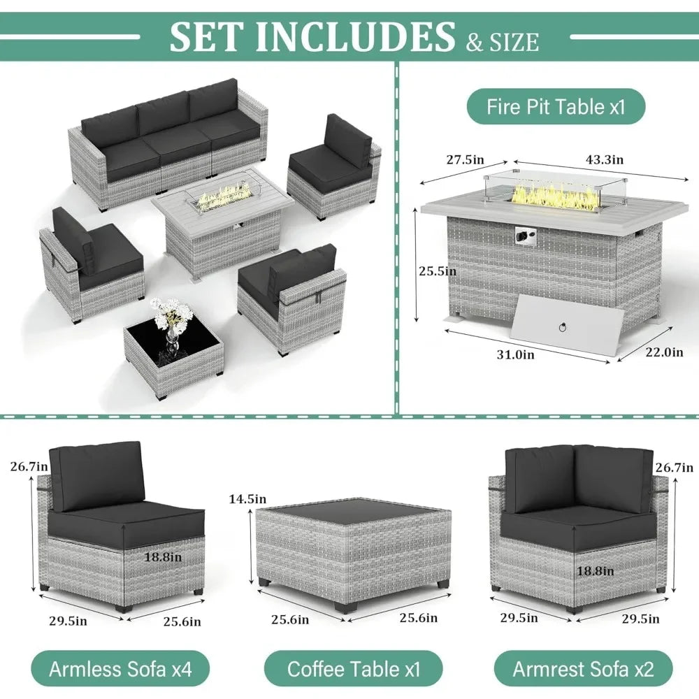 8-Piece Patio Furniture Set with Fire Pit Table, Light Grey Wicker Conversation Set