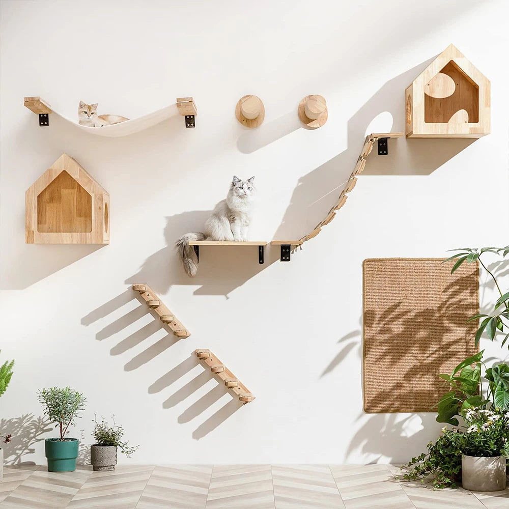 Wall-Mounted Cat Climbing Shelf with 4 Steps, Sisal Scratching Post, Pet Tower