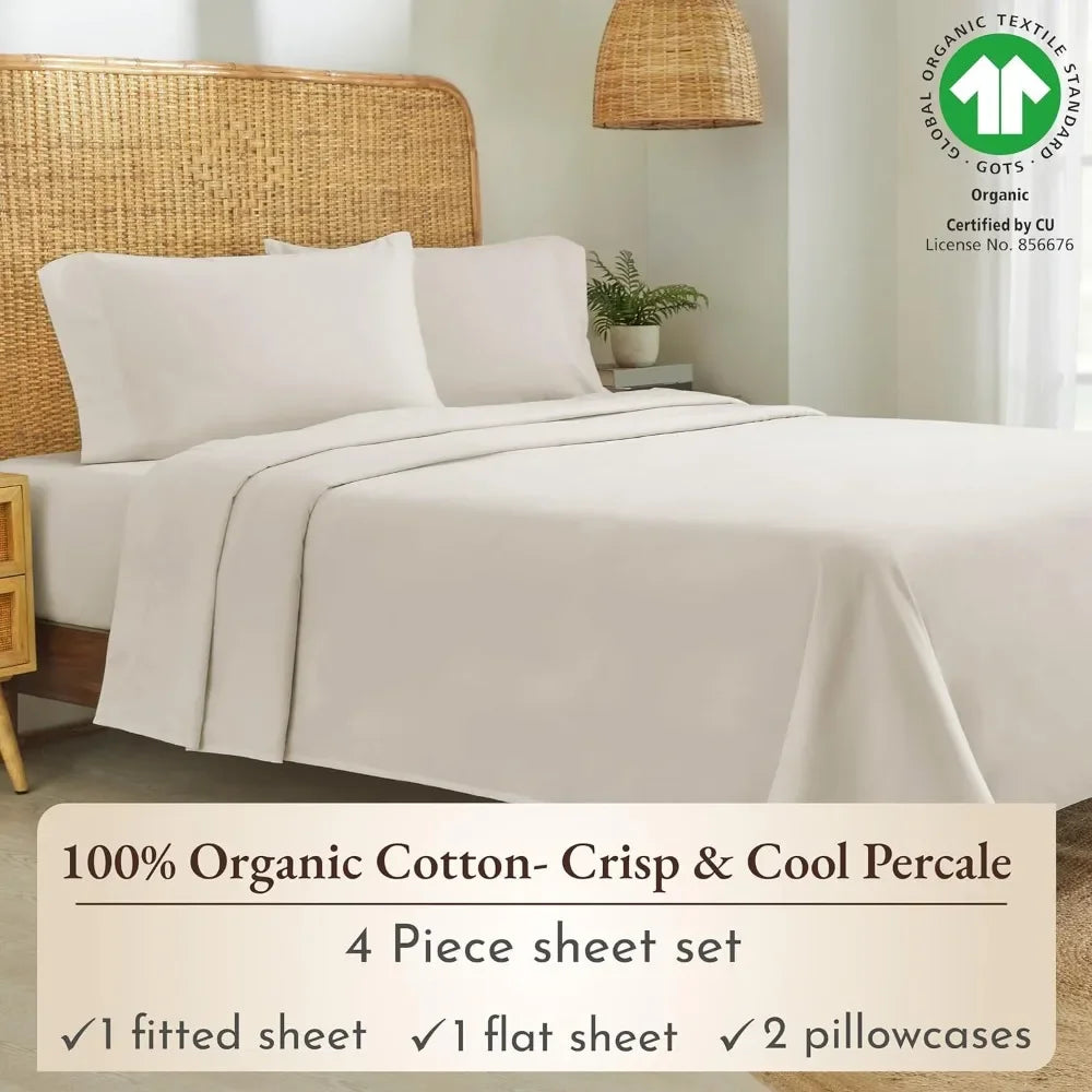 King Size Soft Cooling Sheets Set, 100% Organic Cotton, Deep Pockets
