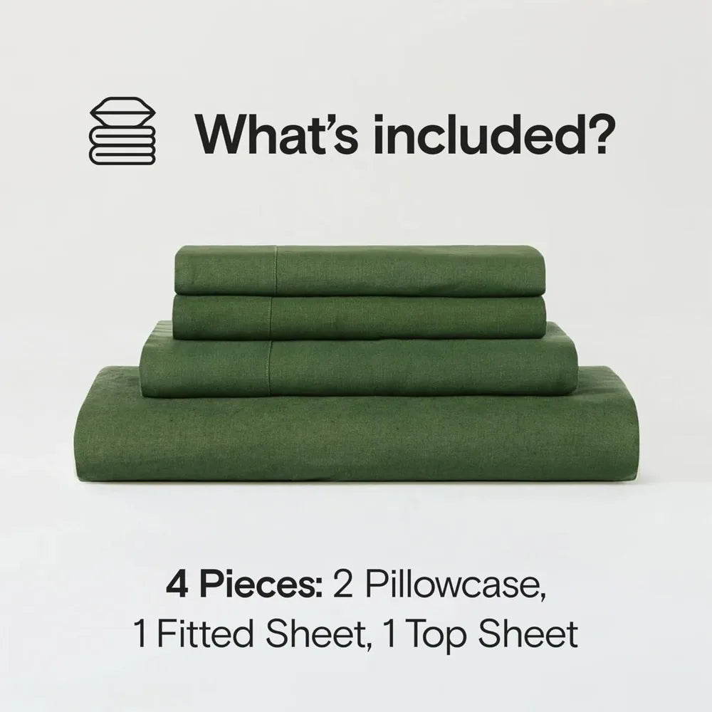 Stone-Washed 100% Organic French Linen Sheet Set, GOTS Certified (Queen, Forest)