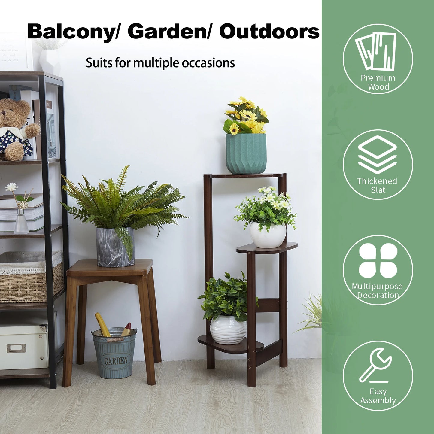 3-Tier Bamboo Corner Plant Stand – Tall Rack for Pots & Storage, Indoor/Outdoor