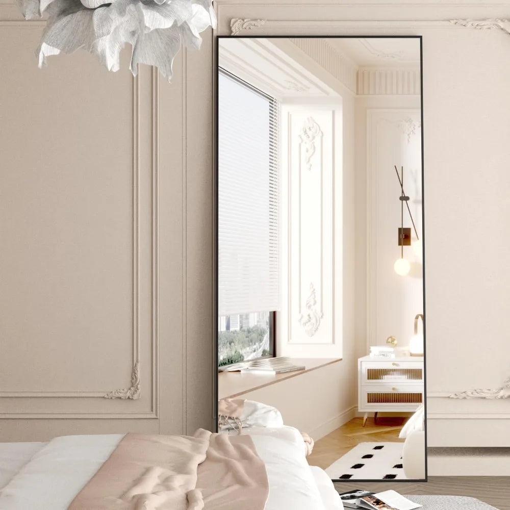 65"x24" Full Length Black Mirror, Standing or Hanging, Aluminum Alloy Frame