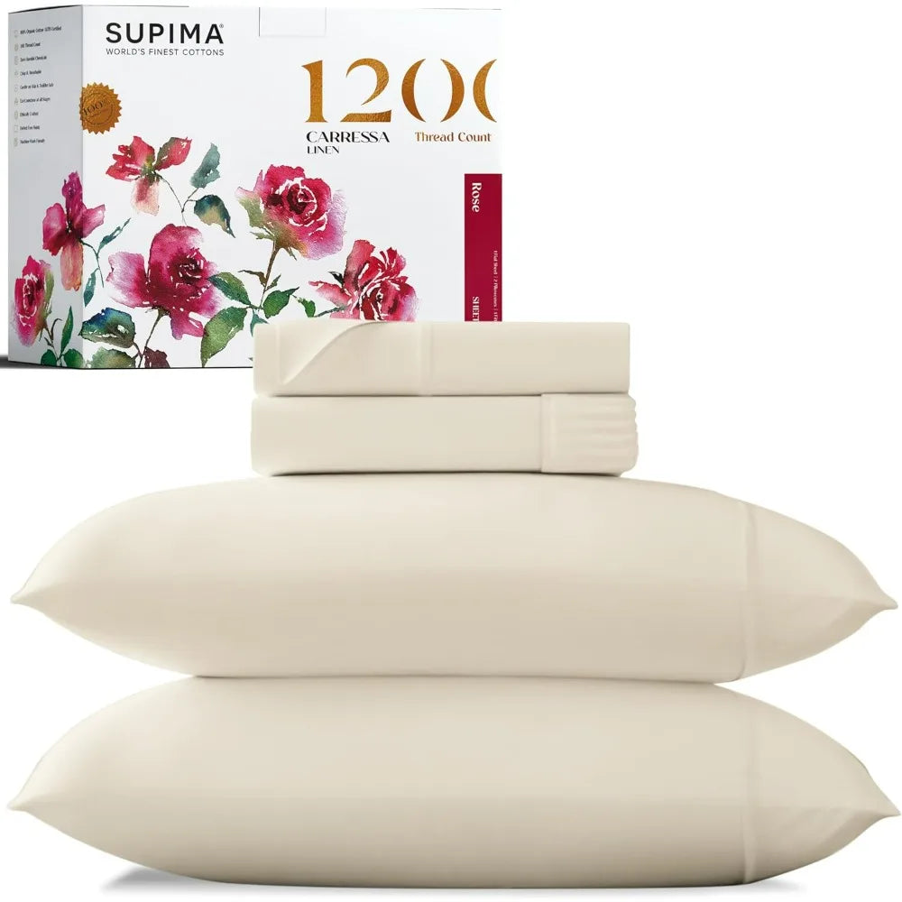 Luxury 100% Supima Cotton Queen Sheets, 1200 Thread Count, 4-Piece Ivory Set