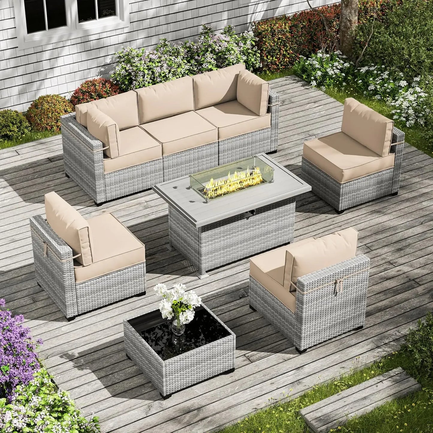 8-Piece Patio Furniture Set with Fire Pit Table, Light Grey Wicker Conversation Set