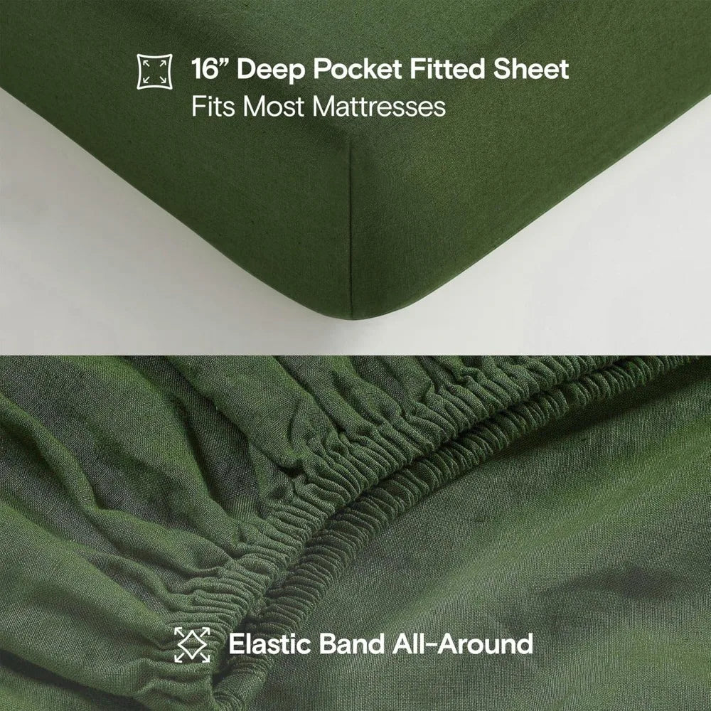 Stone-Washed 100% Organic French Linen Sheet Set, GOTS Certified (Queen, Forest)