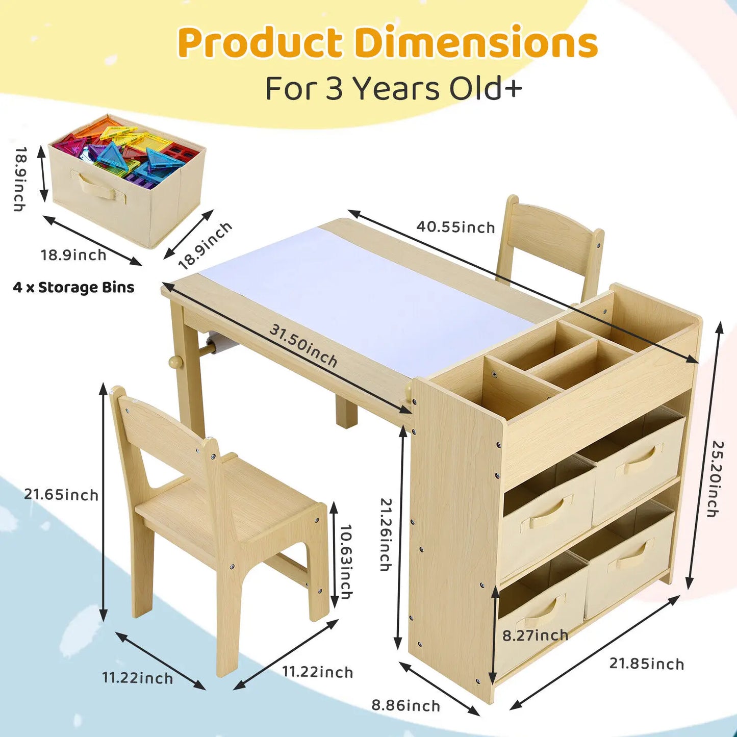Kids Art Table & Chair Set with Storage, Paper Roll, and Canvas Bins