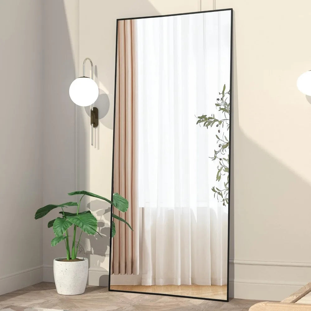 65"x24" Full Length Black Mirror, Standing or Hanging, Aluminum Alloy Frame