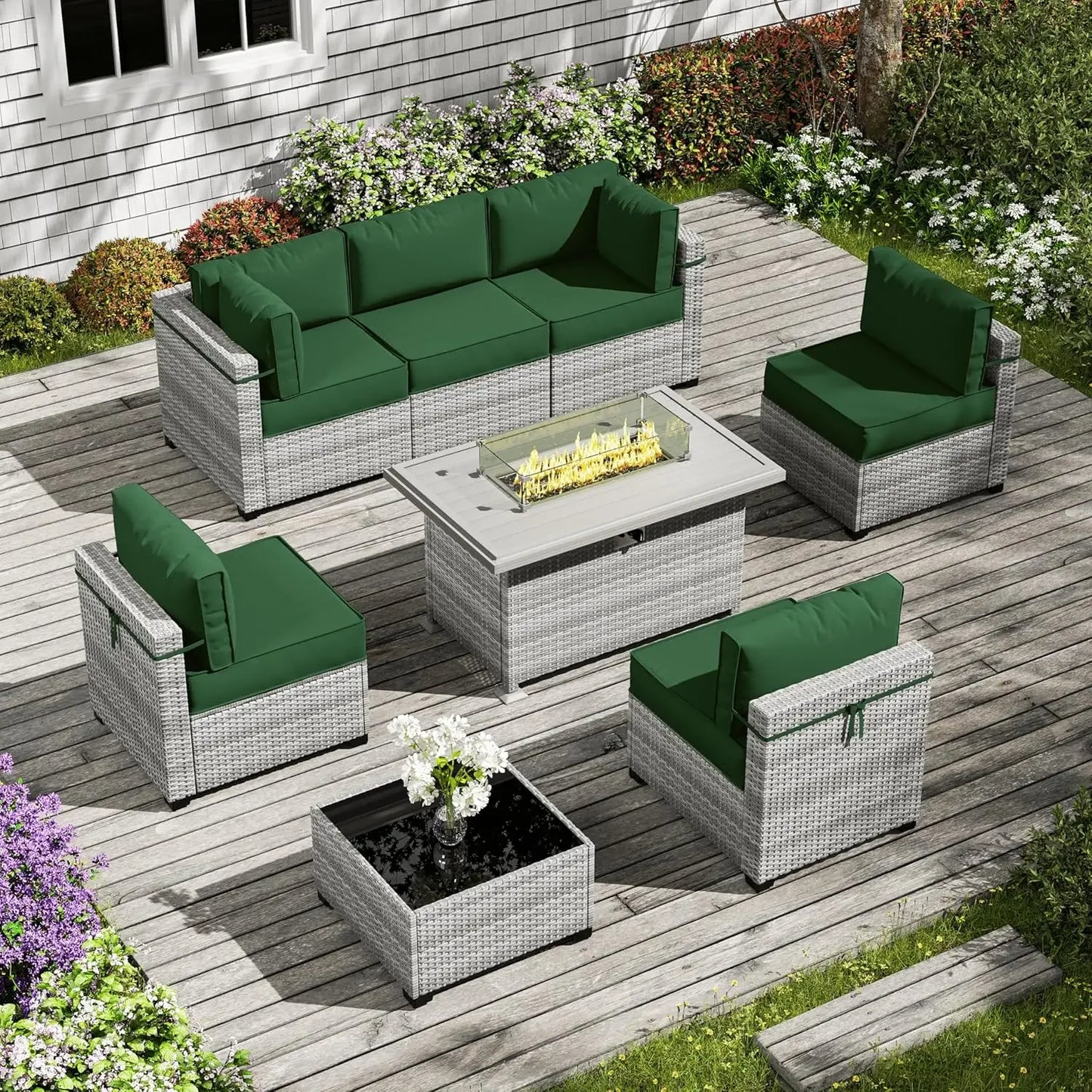 8-Piece Patio Furniture Set with Fire Pit Table, Light Grey Wicker Conversation Set