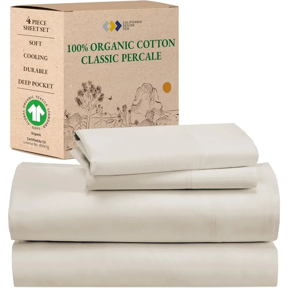 King Size Soft Cooling Sheets Set, 100% Organic Cotton, Deep Pockets
