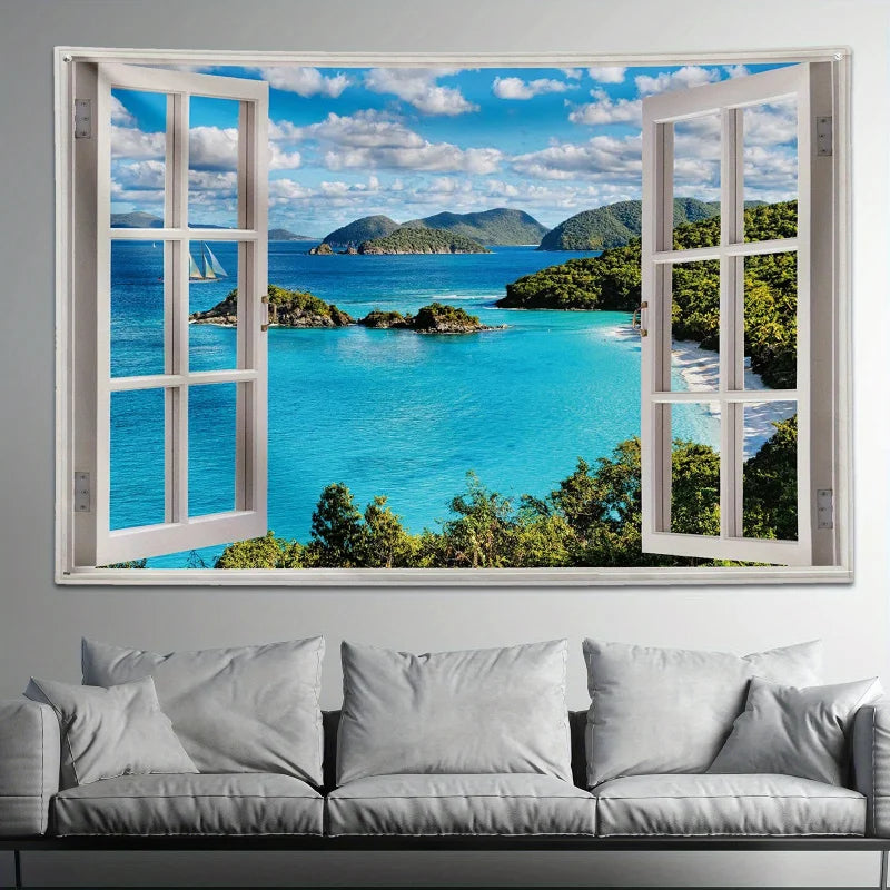 Nature Landscape Wall Tapestry, Blue Ocean Beach Print, Decorative Wall Art