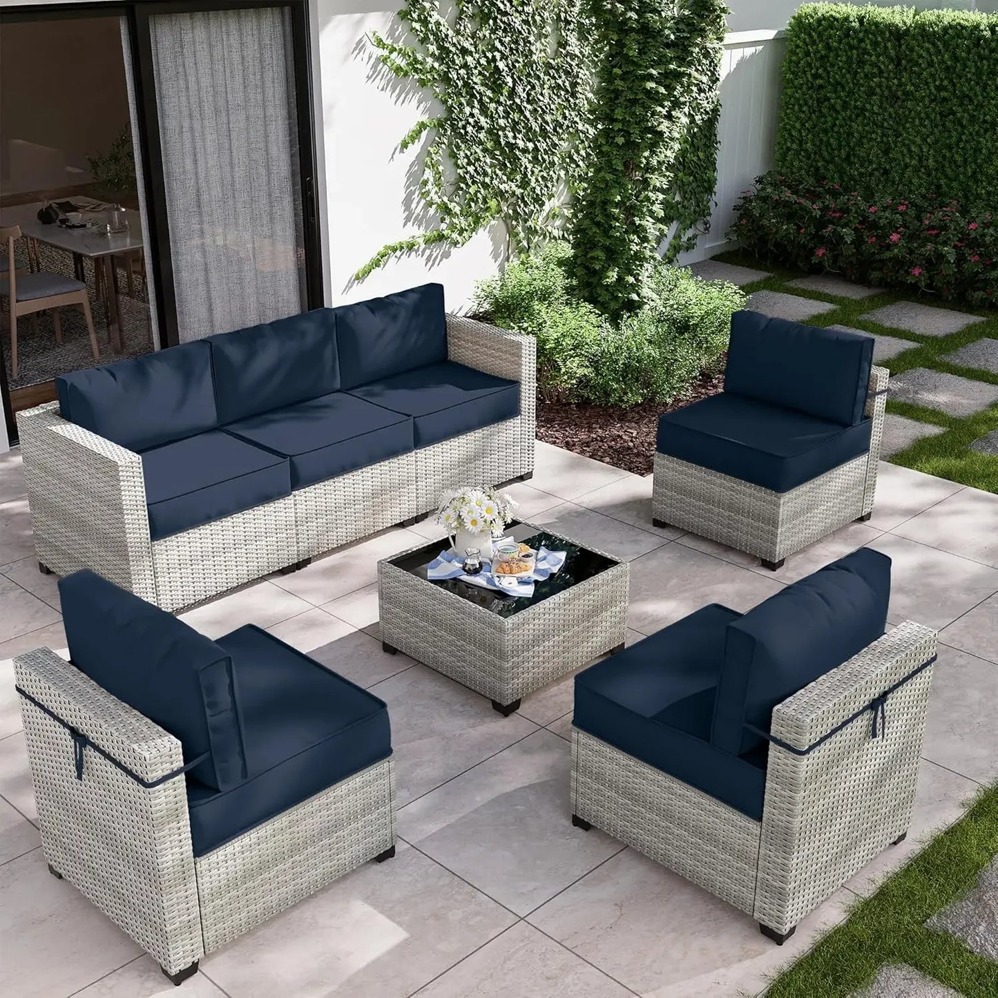 8-Piece Patio Furniture Set with Fire Pit Table, Light Grey Wicker Conversation Set
