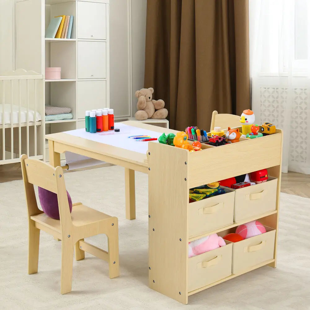 Kids Art Table & Chair Set with Storage, Paper Roll, and Canvas Bins