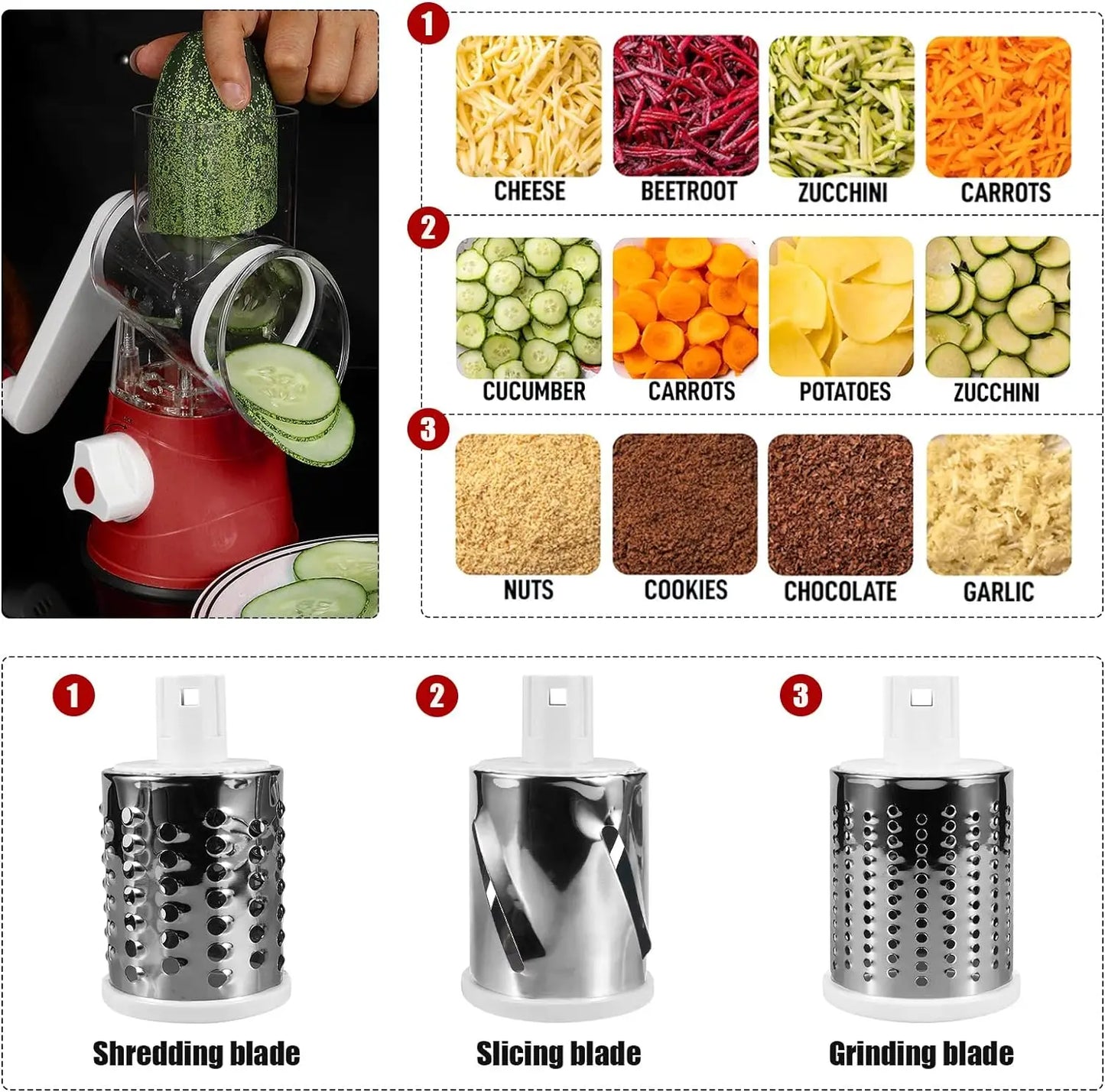 3-in-1 Rotary Cheese Grater with 3 Blades, Fast Vegetable Slicer & Shredder