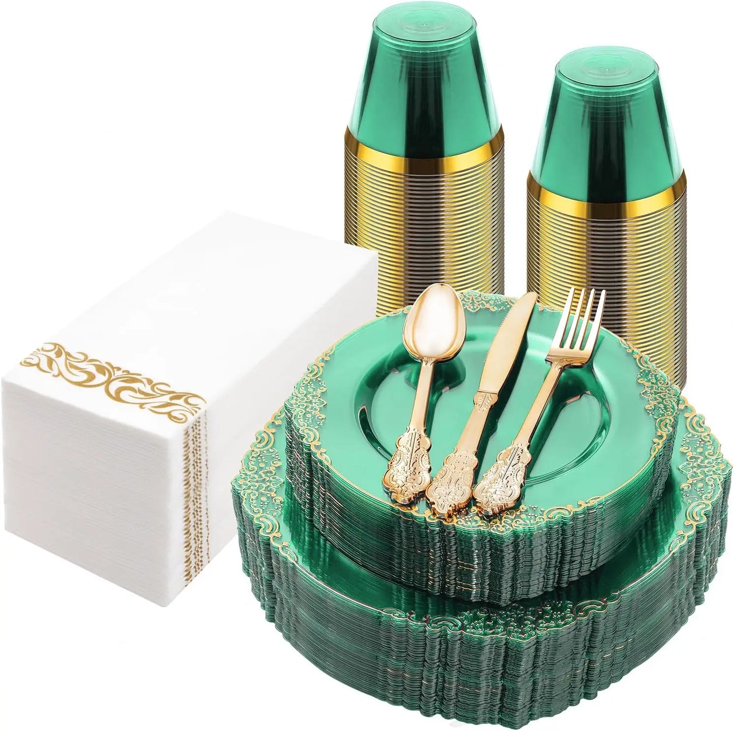 350PCS Clear Blue Plastic Plates, Cups, Napkins & 150 Gold Silverware for 50 Guests