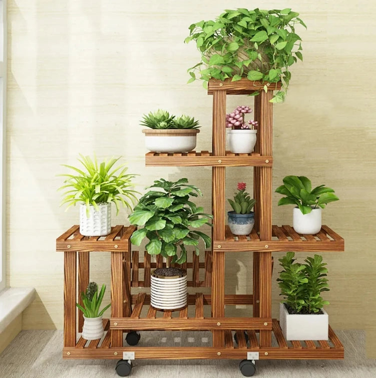 6-Tier Wood Plant Stand – Vertical Carbonized Holder for Indoor & Outdoor Use