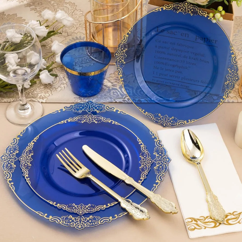 350PCS Clear Blue Plastic Plates, Cups, Napkins & 150 Gold Silverware for 50 Guests