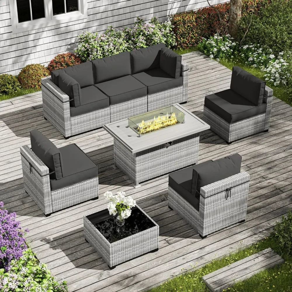 8-Piece Patio Furniture Set with Fire Pit Table, Light Grey Wicker Conversation Set