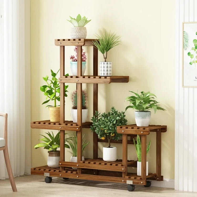 6-Tier Wood Plant Stand – Vertical Carbonized Holder for Indoor & Outdoor Use
