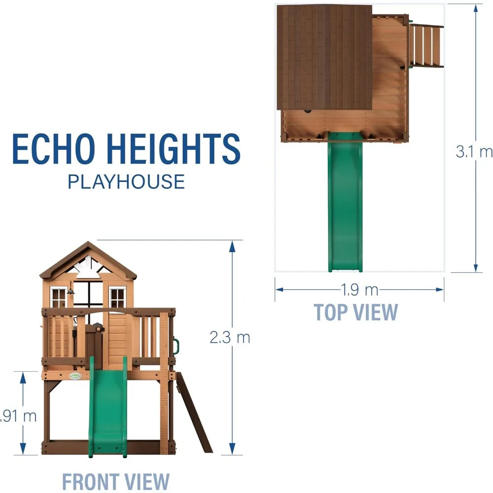 Heights Elevated Cedar Playhouse with Kitchen, Slide, Deck, Ladder & Growth Chart