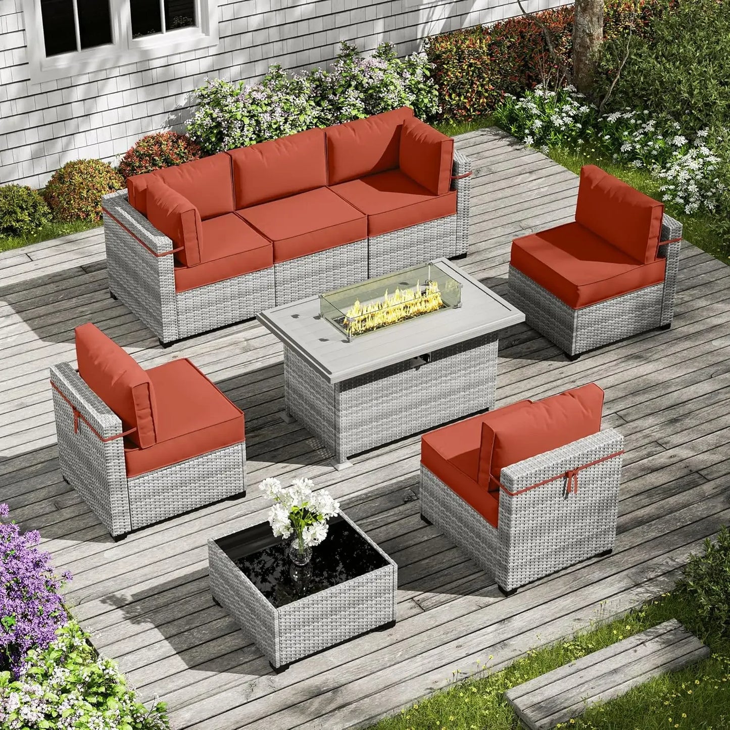8-Piece Patio Furniture Set with Fire Pit Table, Light Grey Wicker Conversation Set