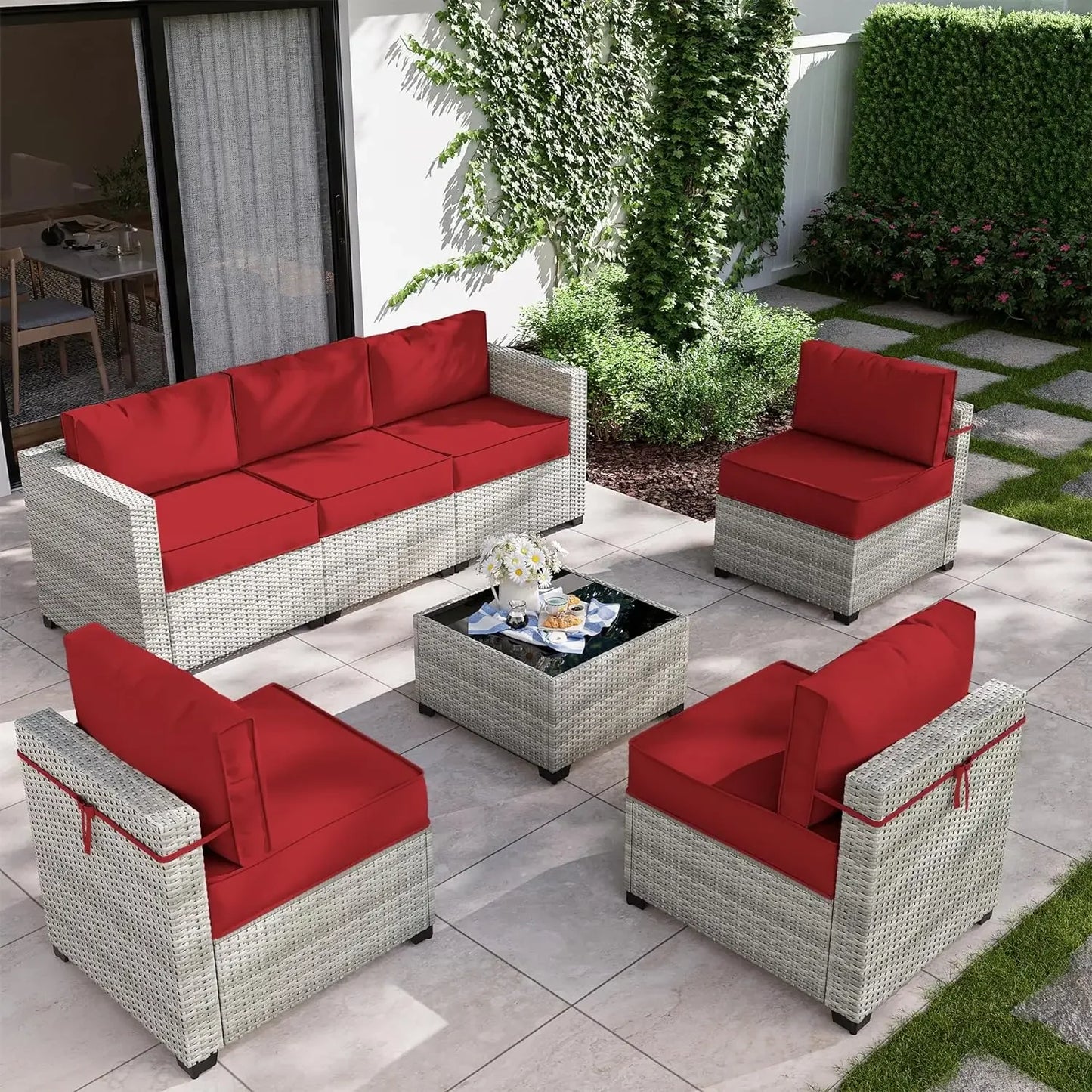 8-Piece Patio Furniture Set with Fire Pit Table, Light Grey Wicker Conversation Set