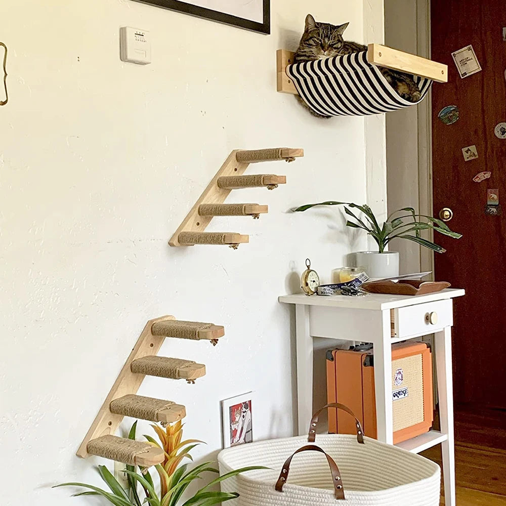 Wall-Mounted Cat Climbing Shelf with 4 Steps, Sisal Scratching Post, Pet Tower