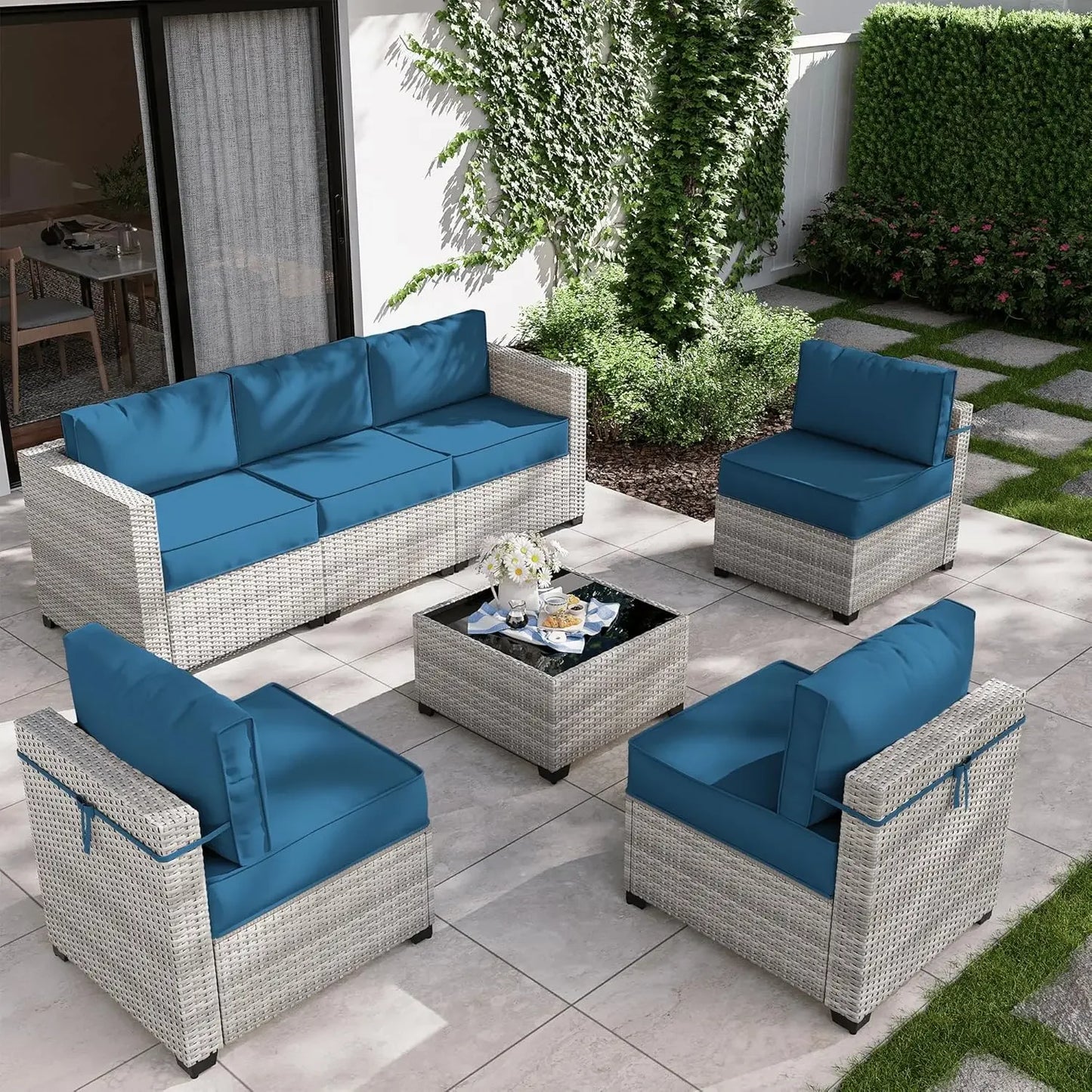 8-Piece Patio Furniture Set with Fire Pit Table, Light Grey Wicker Conversation Set