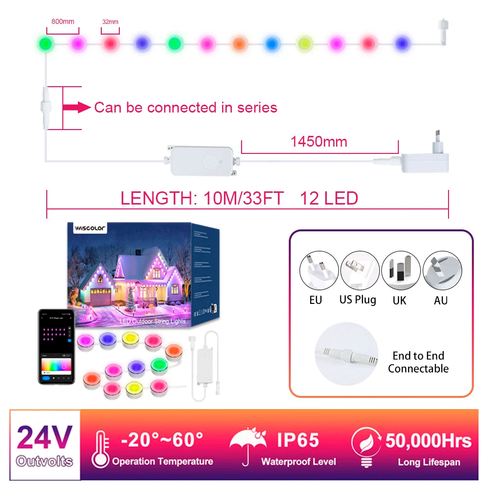 100ft RGBIC Eave Lights – Smart, Waterproof LED String for DIY Outdoor Christmas Decor