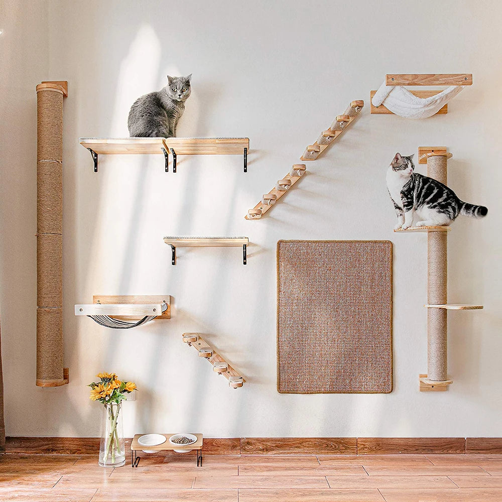 Wall-Mounted Cat Climbing Shelf with 4 Steps, Sisal Scratching Post, Pet Tower
