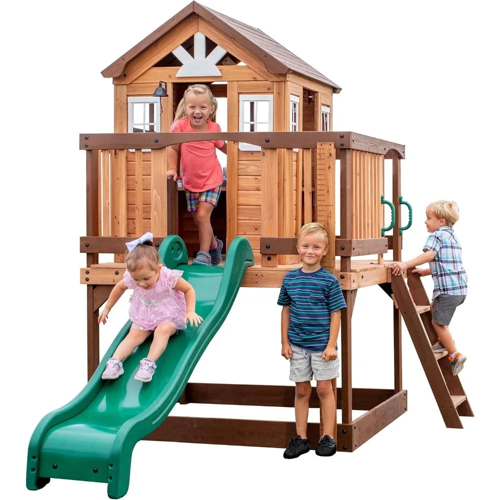 Heights Elevated Cedar Playhouse with Kitchen, Slide, Deck, Ladder & Growth Chart