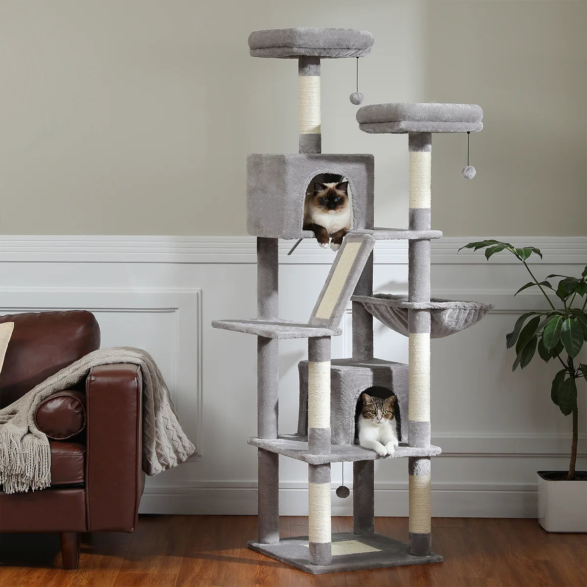 H180CM Large Cat Tree, Multi-Level Tower with Sisal Scratching Post & Hammock