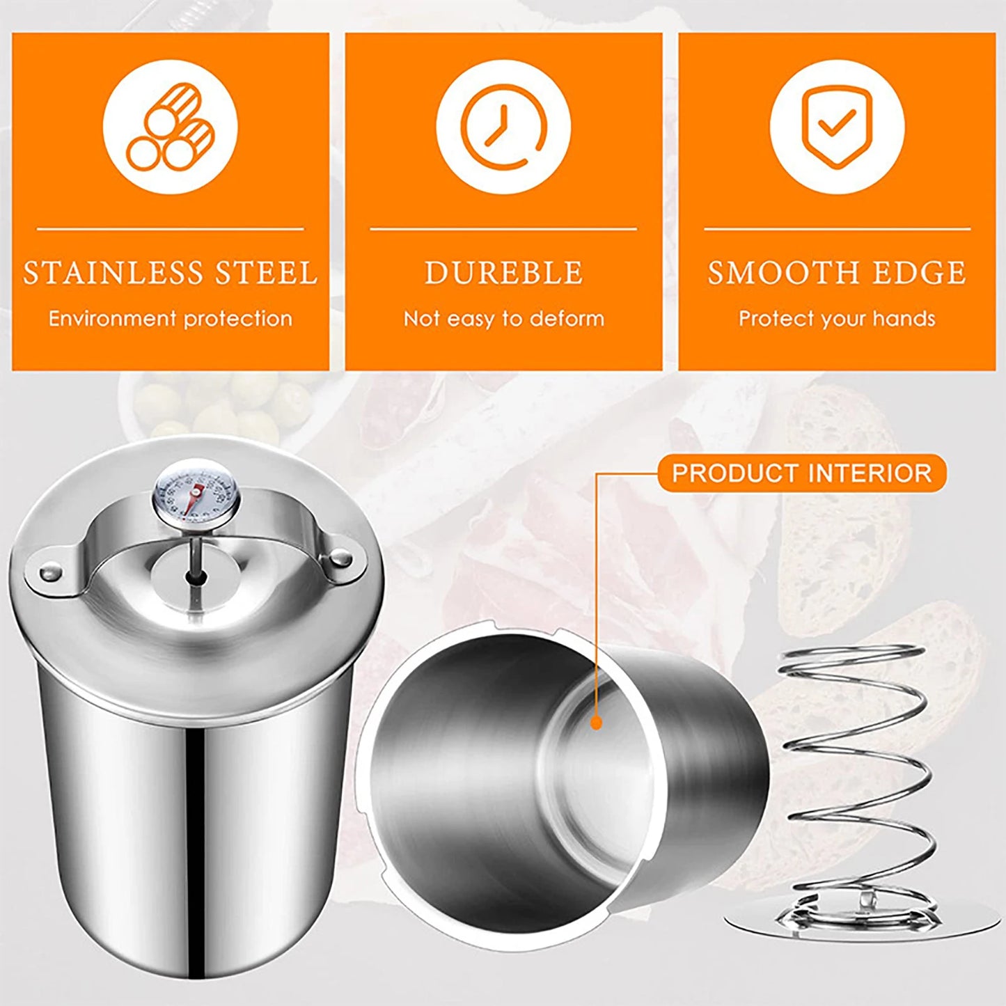Stainless Steel Ham Maker Meat Press Cooker Deli Meat Press Mold with Thermometer for Pork Poultry Cooking Kitchen Accessories