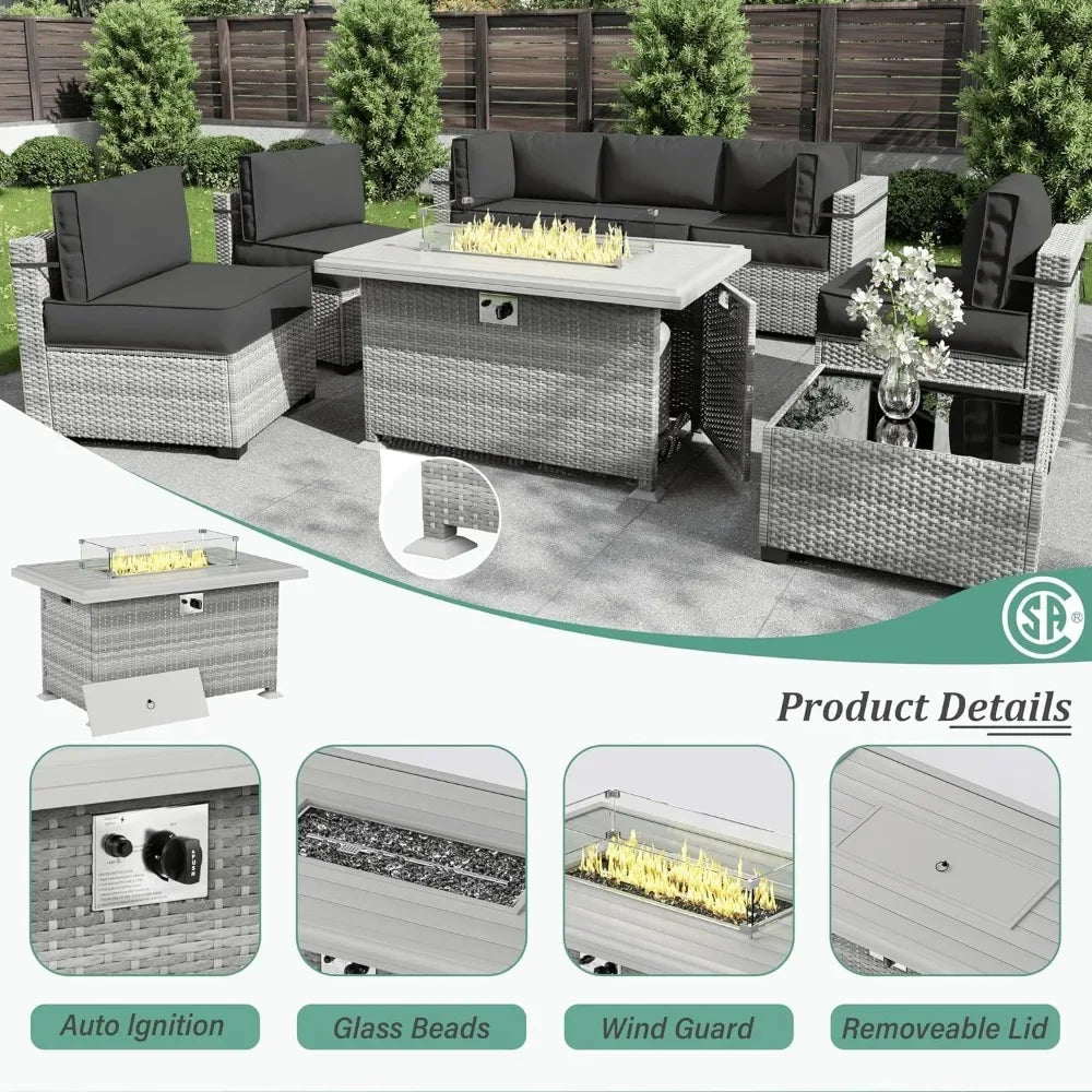 8-Piece Patio Furniture Set with Fire Pit Table, Light Grey Wicker Conversation Set