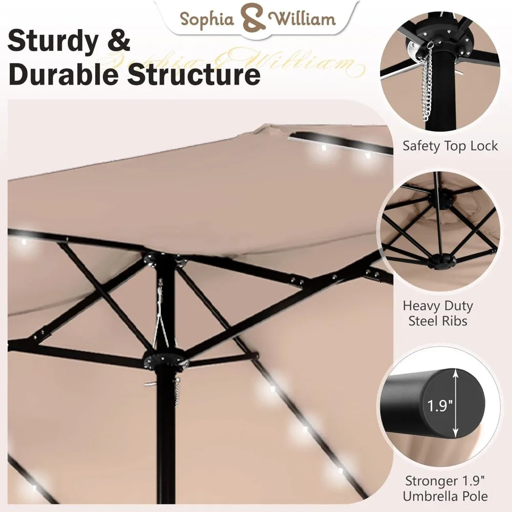 15ft Large Patio Umbrella – Solar Lights, Rectangular, with Base Included
