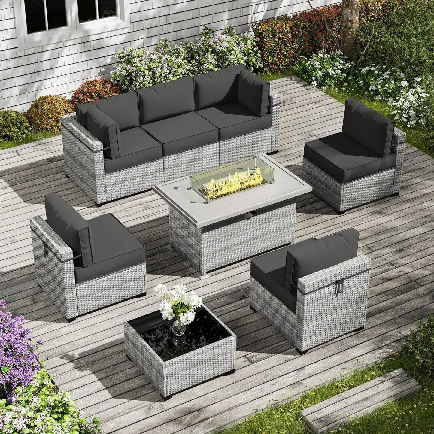 8-Piece Patio Furniture Set with Fire Pit Table, Light Grey Wicker Conversation Set