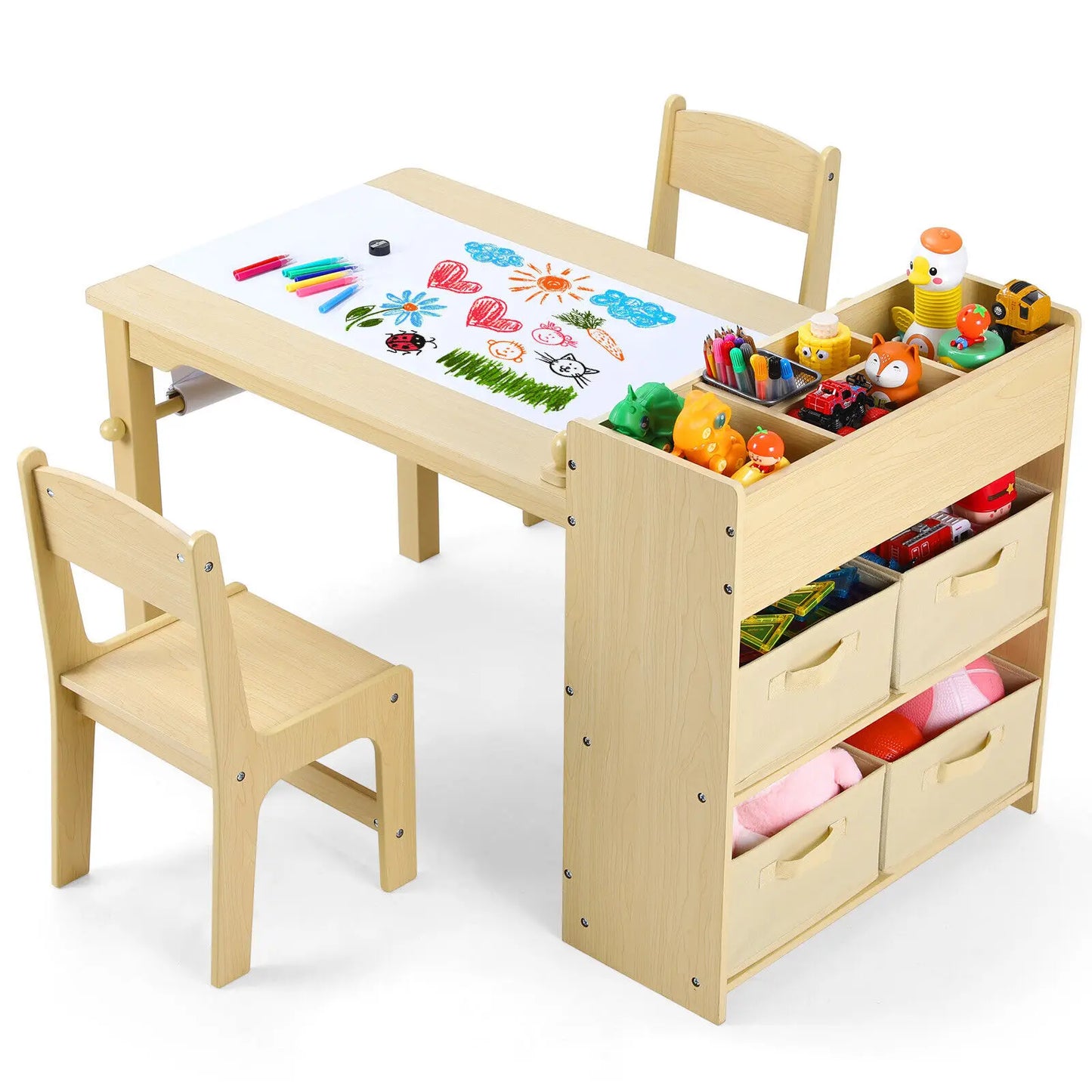 Kids Art Table & Chair Set with Storage, Paper Roll, and Canvas Bins
