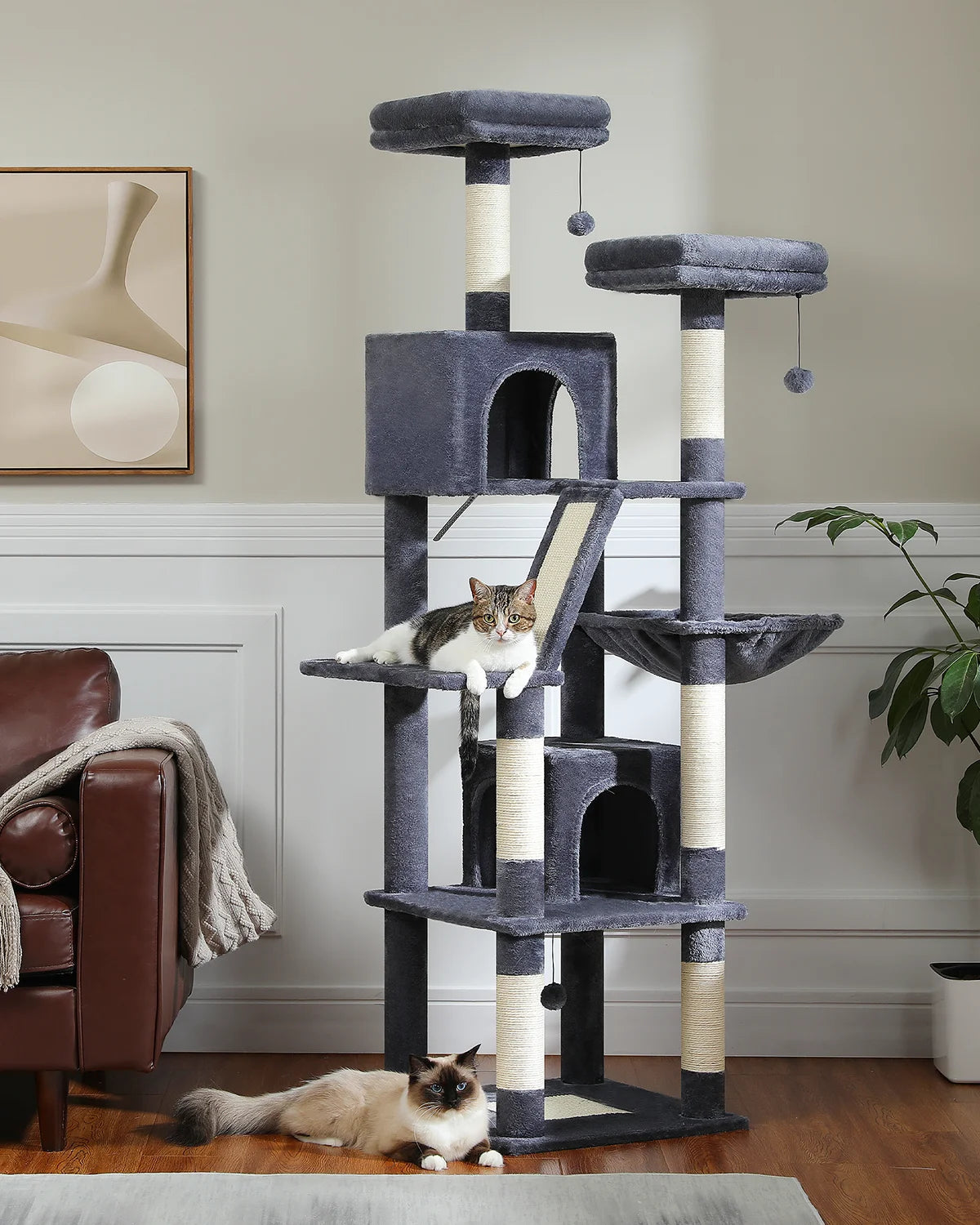 H180CM Large Cat Tree, Multi-Level Tower with Sisal Scratching Post & Hammock