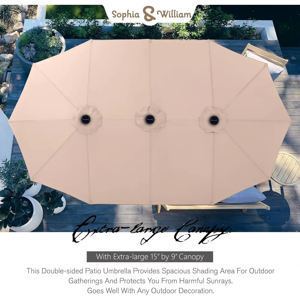 15ft Large Patio Umbrella – Solar Lights, Rectangular, with Base Included
