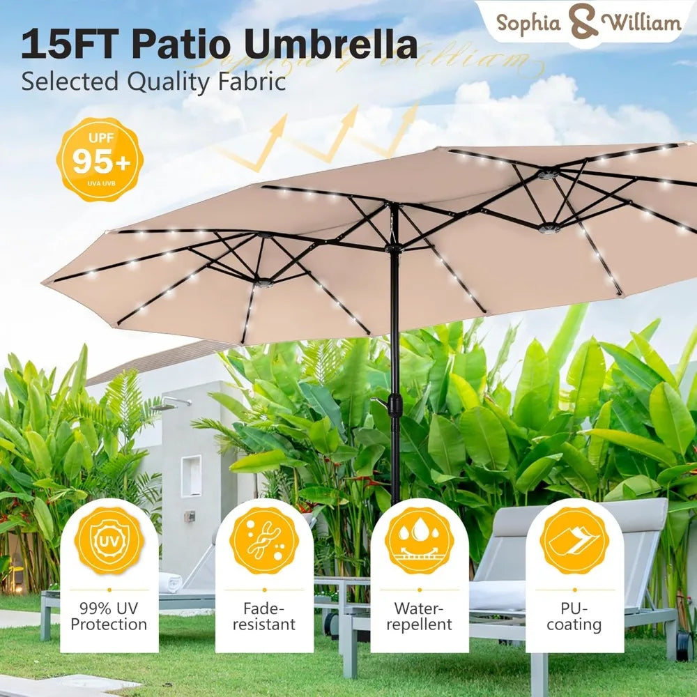 15ft Large Patio Umbrella – Solar Lights, Rectangular, with Base Included