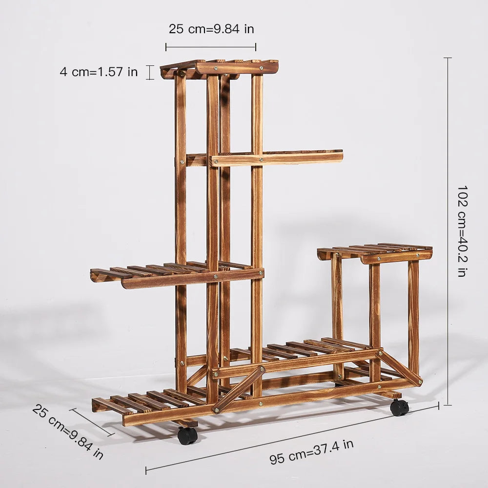 6-Tier Wood Plant Stand – Vertical Carbonized Holder for Indoor & Outdoor Use