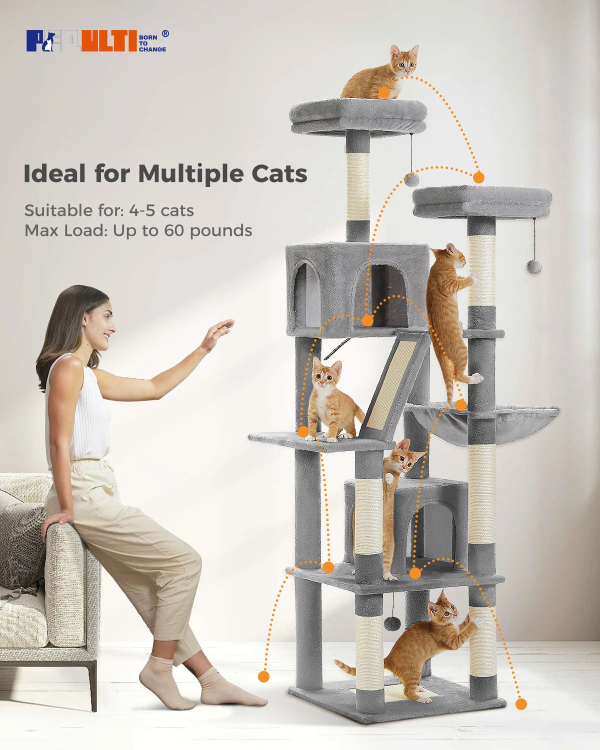 H180CM Large Cat Tree, Multi-Level Tower with Sisal Scratching Post & Hammock